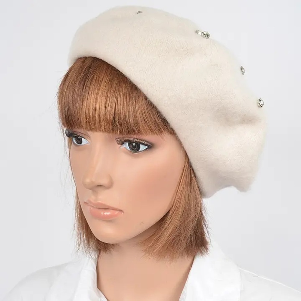 Elegant Ivory Beret with Rhinestone Accents